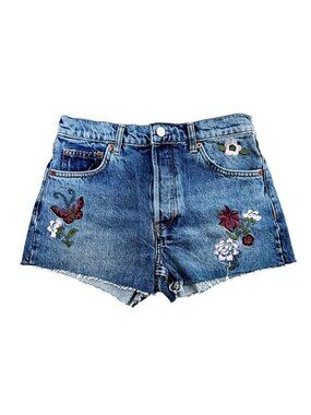 Reformation Charlie High Rise Jean Shorts Floral Embroidery Raw Hem 26